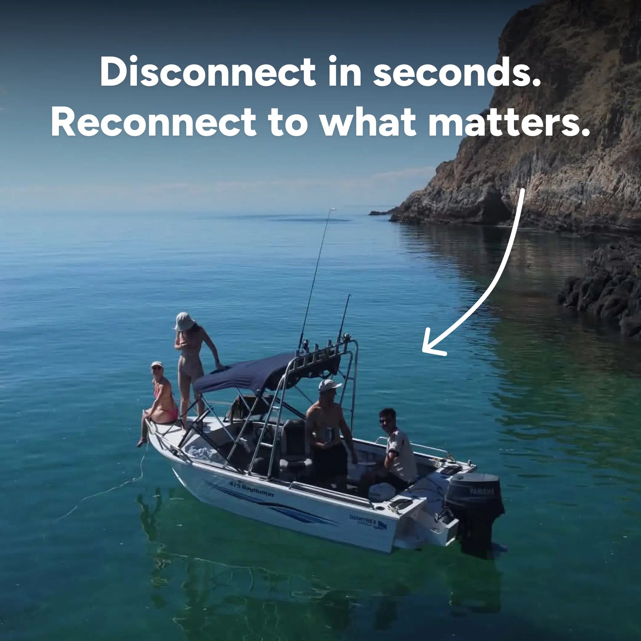 Boat anchored in clear water with Klamp marine quick-release battery terminals installed, disconnect your boat battery in seconds with no tools
