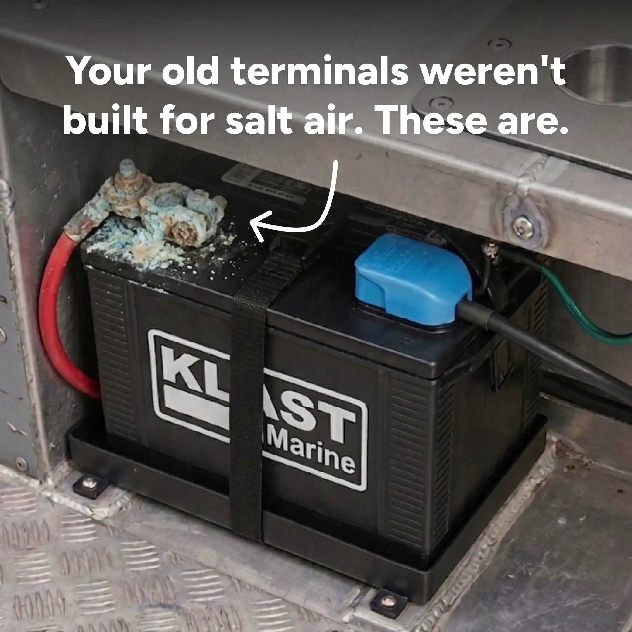 Corroded marine battery terminal next to a clean Klamp quick-release battery terminal installed on a boat battery, marine-grade stainless steel 316 built for saltwater environments
